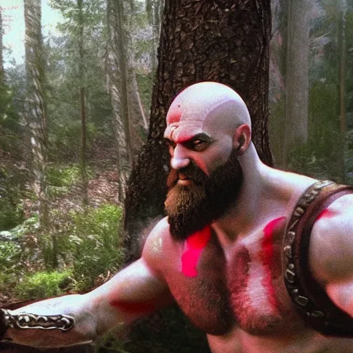 Image similar to kratos the god of war caught in a wood cam picture