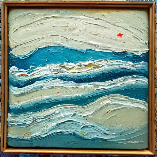 Image similar to oil paint impasto relief, beautiful powerful waves, colours teal white cream grey blue, multi layered thick brush marks, some splattered paint, in the style of ivan shishkin and frank auerbach and rene lalique