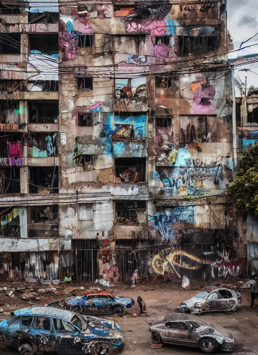 Image similar to slum, neighbourhood, some people, some cars, abandoned building, some sewer rats, some clear graffiti, some clear protesting mural art, intricate, hyperdetailed, photorealistic, diffuse lighting, hdrp, pinterest, octane, smooth, textless, sharp focus, photo by anna forsterling, saul bromberger, yulia nevskaya