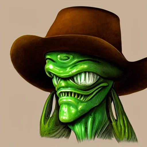 Prompt: a classic green alien wearing a cowboy hat, concept art.