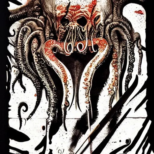 Prompt: graphic illustration, creative design, cthulhu, biopunk, by ralph steadman, francis bacon, hunter s thompson, highly detailed, concept art