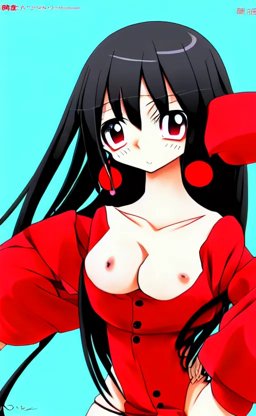 Image similar to anime girl with a detailed face and black hair in a red outfit, full body, trending, wide shot, illustration, by hiroyuki imaishi