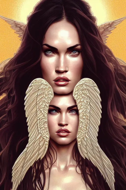 Image similar to portrait of megan fox as an blonde angel, wings, intricate, headshot, highly detailed, digital painting, artstation, concept art, sharp focus, cinematic lighting, illustration, art by artgerm and greg rutkowski, alphonse mucha, cgsociety