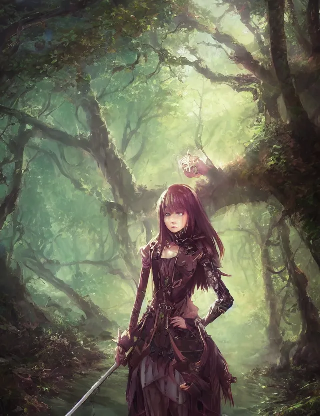 Image similar to scenic wide angle portrait of a teenage girl, confident knight's outfit, swamp, anime in fantasy style, trending artwork, painted in anime painter studio, by anato finstark, tony sart, marc simonetti and an anime artist, collaboration