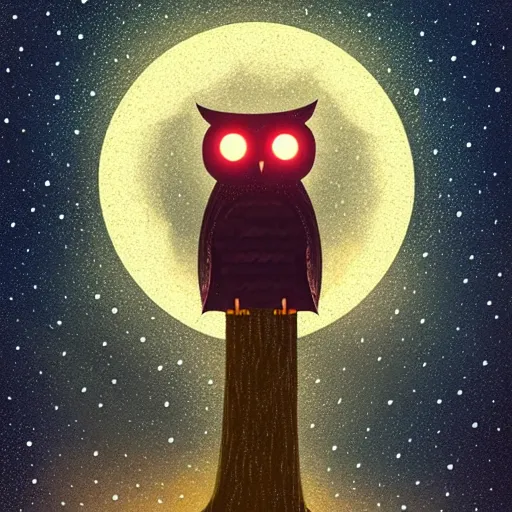 Prompt: mechanical owl inside a hole in a tree, red eyes glowing, night sky with full of stars, in the middle of forest, illustration, 2 d style, hand drawn, realistic style, futuristic, cinematic lighting, high key lighting, high contrast, golden ratio
