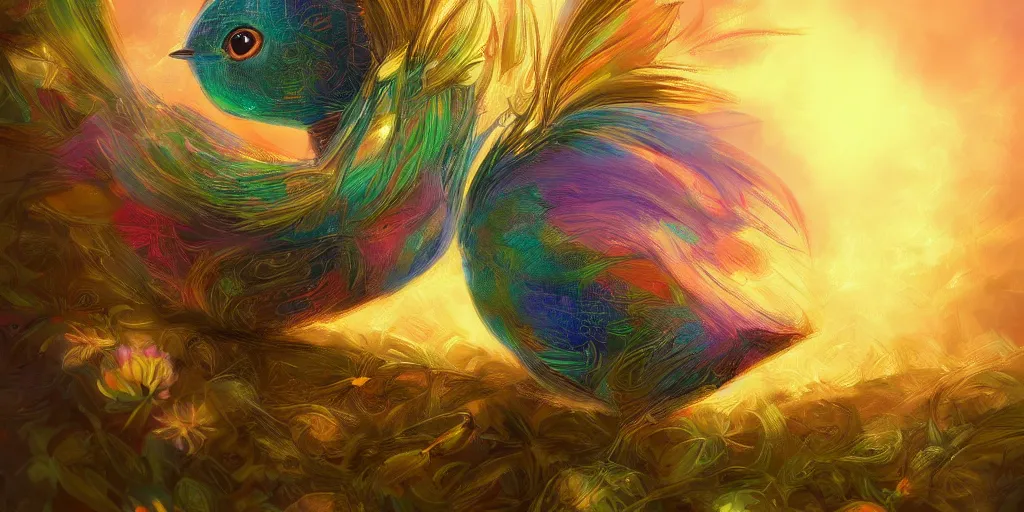 Prompt: baby bird, sunrise, pot of gold, rainbow, sci-fi, fantasy, intricate, very very beautiful, elegant, highly detailed, digital painting, artstation, concept art, smooth, sharp focus, illustration