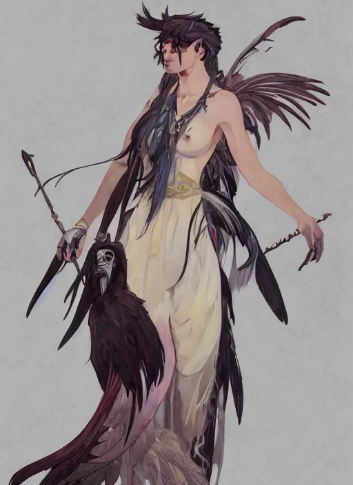 Image similar to concept art painting of a harpy with black feathers, androgynous, pirate clothes, detailed, realistic, cel shaded, in the style of makoto shinkai and james gurney and alphonse mucha and greg rutkowski and artgerm