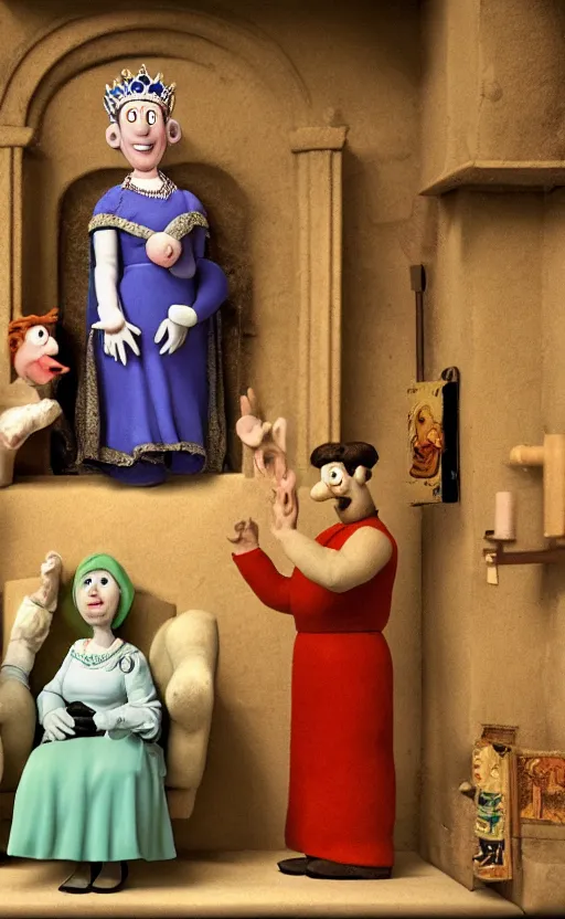 Image similar to god saves the queen, claymation, epic, ( ( renaissance painting ) ), in the style of wallace and gromit