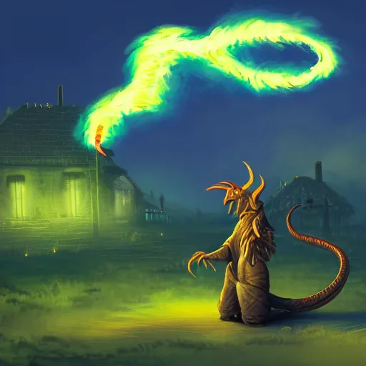 Image similar to Dragon spits fire on a man, burning village in background, plumes of smoke in background, at night, digital painting, highly-detailed