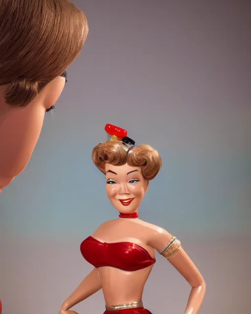 Image similar to highly detailed closeup, face profile portrait of a tin toy retro 1 9 5 0 s shirley maclaine, bikini, depth of field, fashion photoshoot by max fleischer, breathtaking, detailed and intricate environment, 8 k resolution, hyperrealistic, octane render
