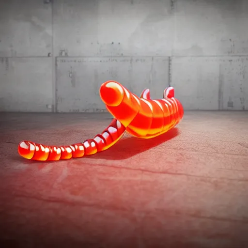 Image similar to medium shot of a a small edible gummi worm candy with cybernetics for sale from a food truck. the candy is displayed with dramatic product lighting, pearlescent. in the background a dim alley is illuminated by the food truck. unreal engine 5, octane 3 d, render.