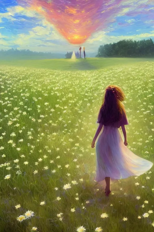 Image similar to giant white daisy flower veil, girl walking in a flower field, surreal photography, sunrise, dramatic light, impressionist painting, colorful clouds, digital painting, artstation, simon stalenhag