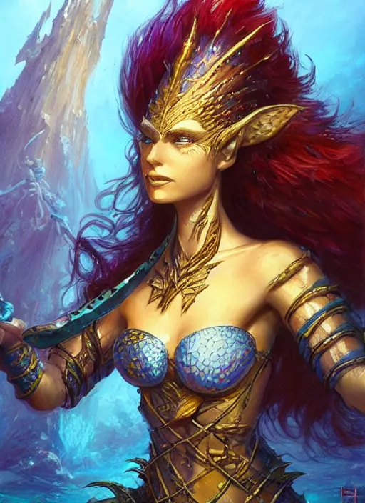 Prompt: merfolk, ultra detailed fantasy, dndbeyond, bright, colourful, realistic, dnd character portrait, full body, pathfinder, pinterest, art by ralph horsley, dnd, rpg, lotr game design fanart by concept art, behance hd, artstation, deviantart, hdr render in unreal engine 5