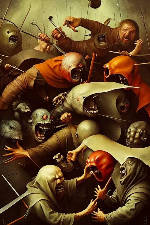 Image similar to hieronymus bosch, greg rutkowski, anna podedworna, painting of a twitch moderators fighting over who is more pathetic