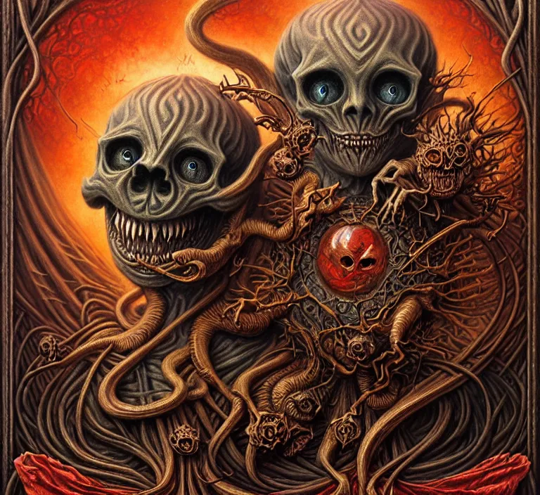 Image similar to A beautiful detailed grotesque monster super cute tarot card, by tomasz alen kopera and Justin Gerard, symmetrical features, ominous, magical realism, texture, intricate, ornate, royally decorated, skull, skeleton, whirling smoke, embers, red adornements, red torn fabric, radiant colors, fantasy, trending on artstation, volumetric lighting, micro details, 3d sculpture, ray tracing, 8k, anaglyph effect, digital art