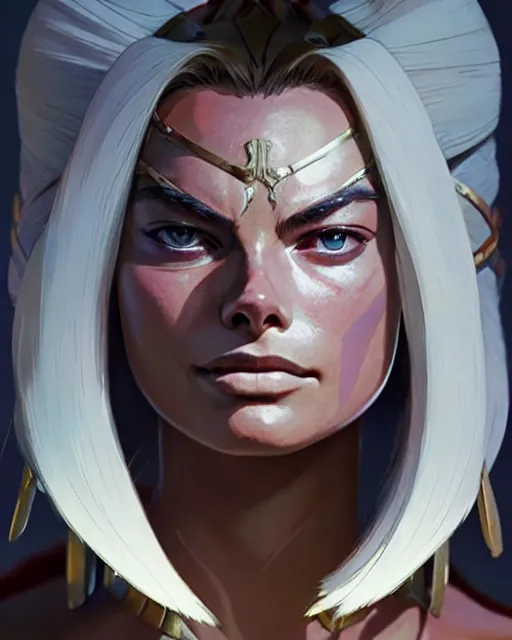 Image similar to azctec warrior, margot robbie, detailed perfect face, exquisite details, fire magic, mid view, design on a white background, by studio muti, greg rutkowski makoto shinkai takashi takeuchi studio ghibli