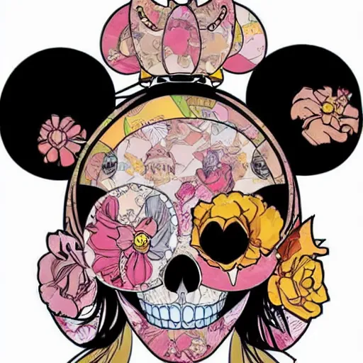 Image similar to anime manga skull portrait minnie mouse disney cartoon skeleton illustration style by Alphonse Mucha pop art nouveau with detailed patterns and emojis