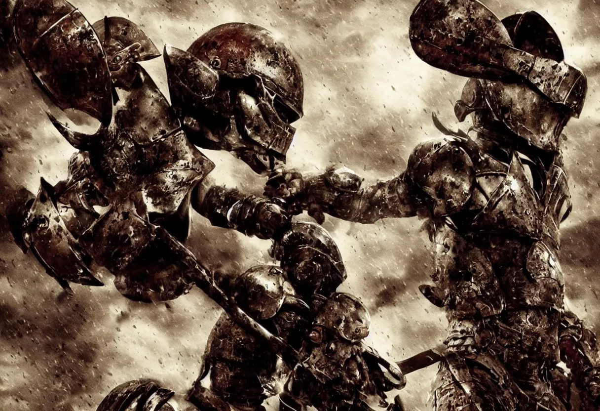 Prompt: leonidas 3 0 0 spartan zack snyder helmet battle scarred artwork strong soldiers battle large epic proportions background dark skies raining fire