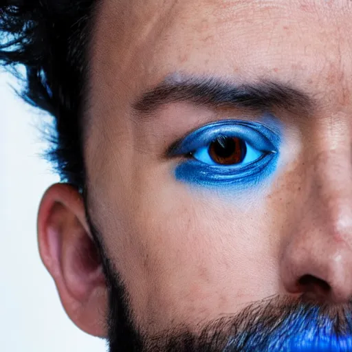 close up fish eye photo of a man with blue skin and a, Stable Diffusion