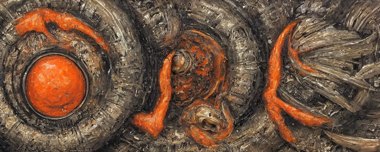 Prompt: oil painting of orange tiered decagon pressed mollusk in torn & shredded tire pile baked at 4 5 0 f, claustrophobic, by h r giger & wayne d barlowe 6 0 0 f