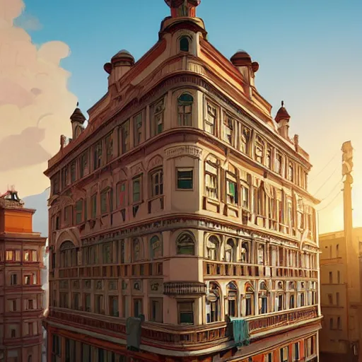 Image similar to wes anderson building facade highly detailed, digital painting, artstation, concept art, sharp focus, art by tokiolab and alphonse mucha, 8 k, ultra realistic, lens flare, glow, soft lighting, hyperrealistic, unreal engine