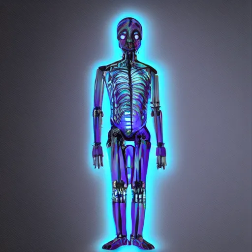 Prompt: An AI who has sublimated into a physical form that is humanoid and male. He has a long face, and his body is slender and graceful. He has a head, a torso, arms and legs but he doesn't look like a human being at all. His skin is blueish transparent and you can see the energy inside him, with a glowing blue liquid running from his core through his body as blood would in a human being.