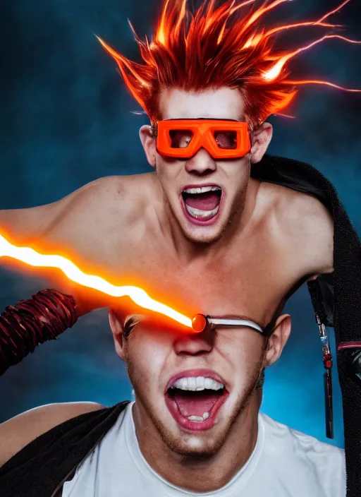 Prompt: photorealistic young man with red spiked long hair, using orange googles. Wearing black waistcoat, white shirt. He is with a vicious smile in face. dynamic lightning.