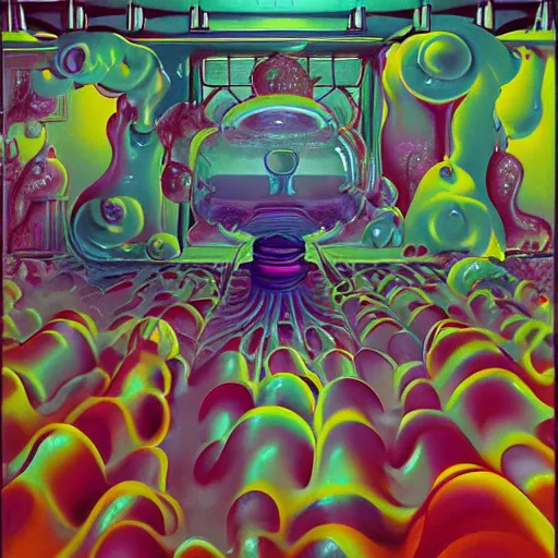 Image similar to jelly rococo gel skeleton vapuing plasma and colorful auras, liquid, drippy, misty, scifi 3 d paint spray by beeple, fernando botero, jeff koons, ivan shishkin, m. c. escher