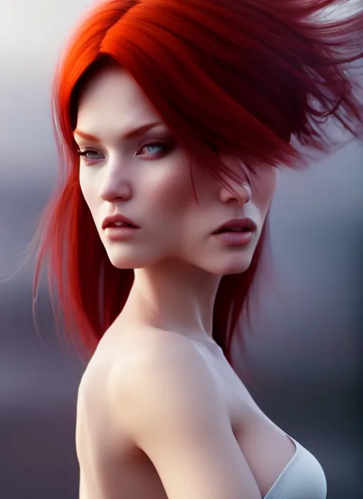 Prompt: photo of gorgeous woman with half white half red hair in the style of stefan kostic, realistic, half body shot, sharp focus, 8 k high definition, insanely detailed, intricate, elegant, art by stanley lau and artgerm, foggy backgeound