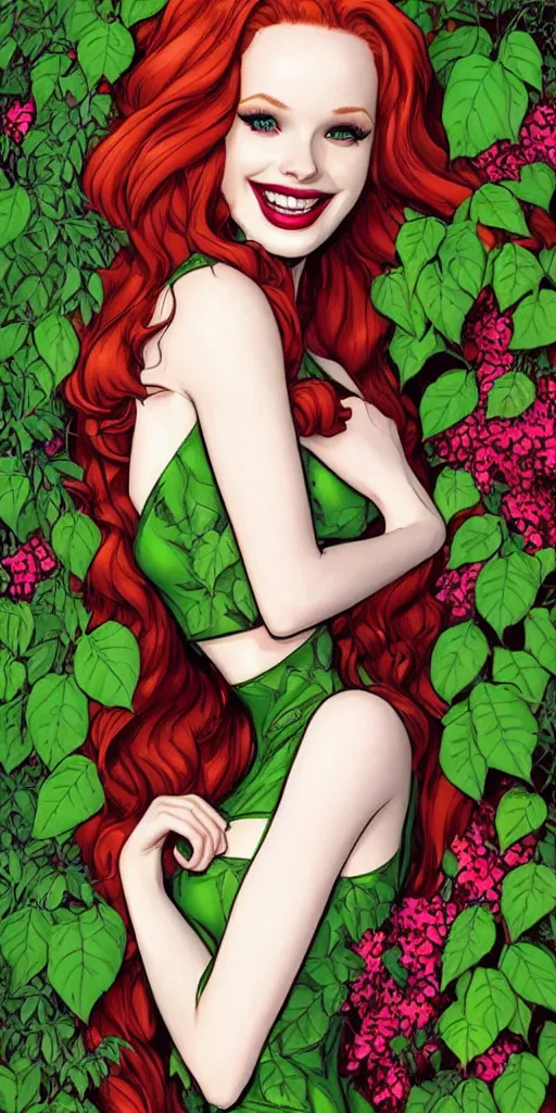 Image similar to beautiful Madelaine Petsch poison ivy DC comics, evil smile, full body green dress, realistic character concept, fun pose, comic book, illustration, slender symmetrical face and body, surrounded by vines flowers and plants, artstation, cinematic lighting, hyperdetailed, high resolution, Charlie Bowater, Tom Bagshaw, single face, insanely detailed and intricate, beautiful