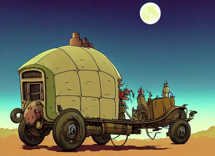 Prompt: a cell shaded cartoon of a lovecraftian tortoise stage coach from howl's moving castle ( 2 0 0 4 ), on a desert road, in front of a pale full moon, full body, wide shot, very dull colors, post grunge, studio ghibli, laurie greasley, highly detailed, deviantart, art by artgem