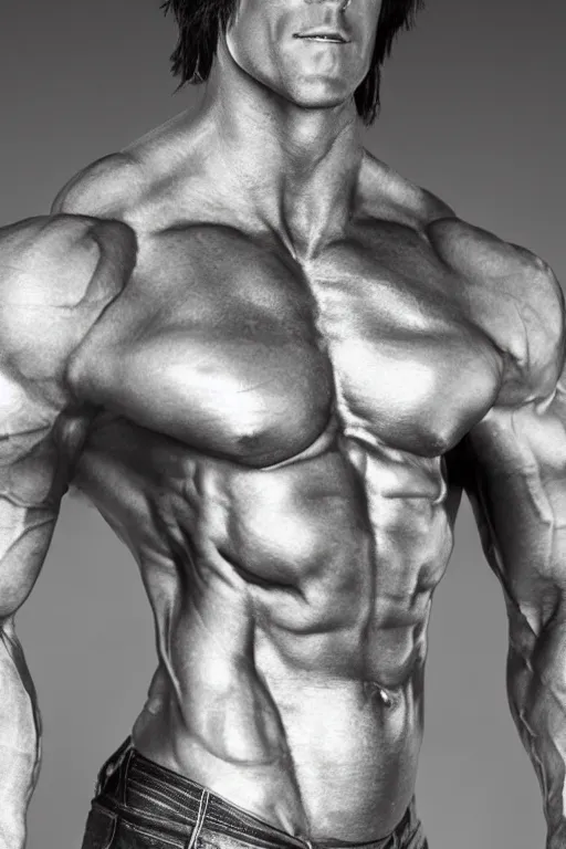 Image similar to Matthew Mercer is a jacked muscle builder gigachad, grayscale photography