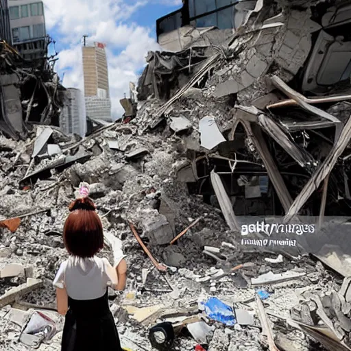 Prompt: anime girl destroys a city, news photo