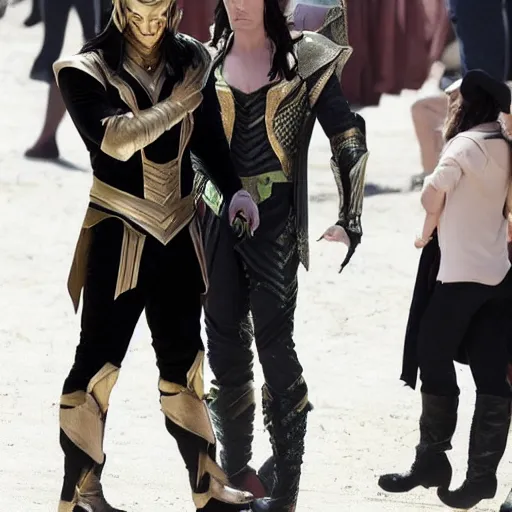 Image similar to Tom Hiddleston dressed as his character Loki and flirting with a skinny blonde woman wearing Mickey Mouse ears