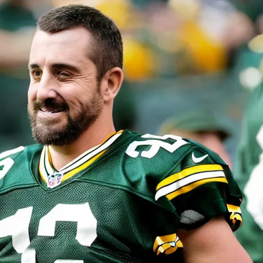 Prompt: Aaron Rogers drinking ayahuasca on the sidelines at Lambeau Field, highly detailed,