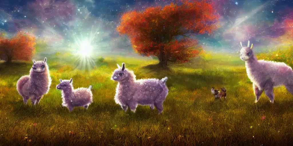 Prompt: magical fairy alpacas frolicking in a field, autumn, sparkles, light beams, digital art, oil painting, fantasy, 8 k, trending on artstation, detailed