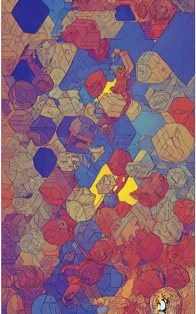 Prompt: cubes and tesseracts. retro art by jean giraud. pastel colors.