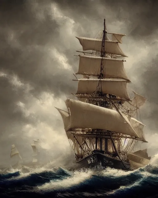 Image similar to a tall ship sailing vessel in stormy windy seas, in the style of louis phillipe crepin, hypermaximalistic, high details, cinematic, 8 k resolution, beautiful detailed, insanely detailed, trending in artstation, octane render, unreal engine