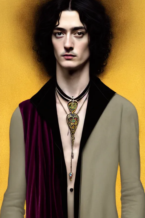 Image similar to a beautiful androgynous man, long hair, tall and thin, dressed in velvet, rock star, young jimmy page, wearing several pendants and a choker, illustration, dramatic lighting, soft details, painting, art nouveau, octane render, 8 k, hd, by edmund blair leighton, brom, charlie bowater, faces by otto schmidt