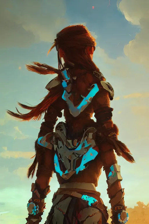 Image similar to combination suit armor aloy horizon forbidden west horizon zero dawn radiating a glowing aura global illumination ray tracing hdr fanart arstation by ian pesty and alena aenami artworks in 4 k tribal robot ninja mask helmet backpack