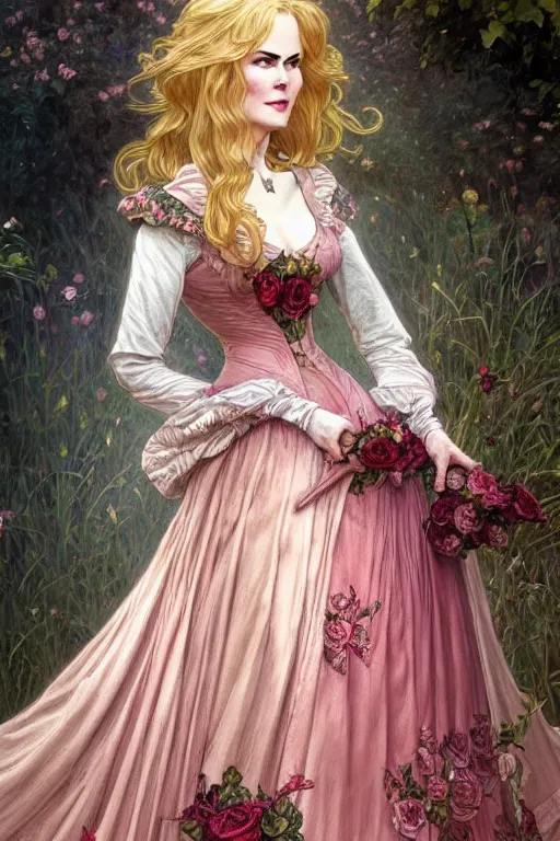 Image similar to Nicole Kidman dressed in a victorian roses dress fashion, D&D, fantasy, intricate, elegant, highly detailed, digital painting, artstation, concept art, matte, sharp focus, illustration, art by Artgerm and Greg Rutkowski and meredit frampton and Alphonse Mucha