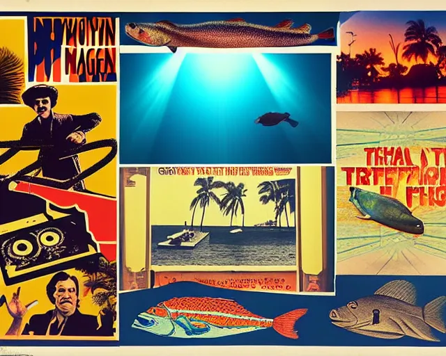 Image similar to footage of a theater stage, 1976 poster, cut out collage, film noir, break of dawn on Neptun, epic theater, tropical fish, nautical maps, NY style grafitti, in style of Monty Python, composition by Prince, written by Ernst Jandl, lens flare