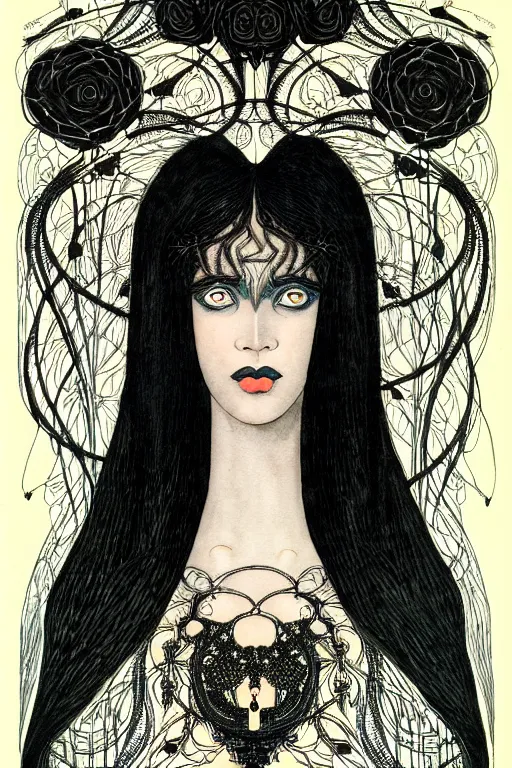 Prompt: realistic symmetrical portrait of beautiful black woman in the center of a frame of gothic black roses, detailed art by kay nielsen and walter crane, illustration style, watercolor