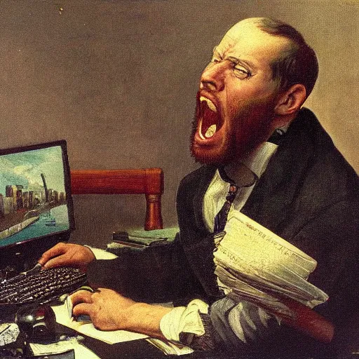 Image similar to an angry man yells at his computer monitor, oil on canvas, 1 8 8 3, highly detailed