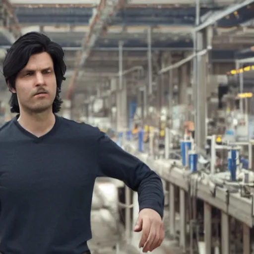 Image similar to a guy in a grey shirt with long sleeves and wearing dark blue jeans, dark black hair and no visible facial hair at all looking in the distance to see a factory plotting something ( highly detailed, and cinematic movie shot, greatly illustrated, photo - realistic, hyperrealistic image, 4 k, uhd, good quality still frame photo )