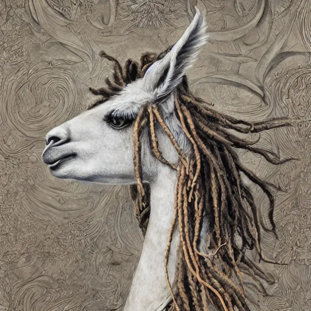 Prompt: llama with dreadlocks, ancient, by mandy jurgens, ernst haeckel, james jean