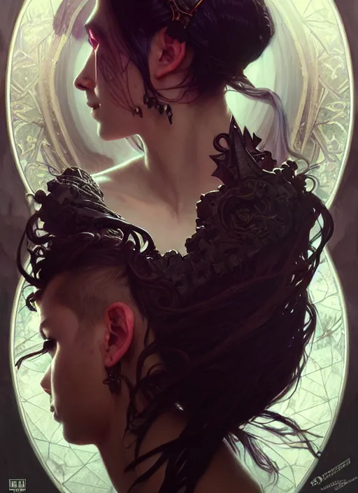 Image similar to Necromancer Sorceress, fantasy magic, undercut hairstyle, dark light night, intricate, elegant, sharp focus, illustration, highly detailed, digital painting, concept art, matte, art by WLOP and Artgerm and Greg Rutkowski and Alphonse Mucha, masterpiece