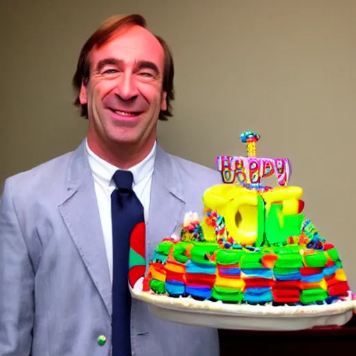 Prompt: saul goodman, smiling, holding a birthday cake