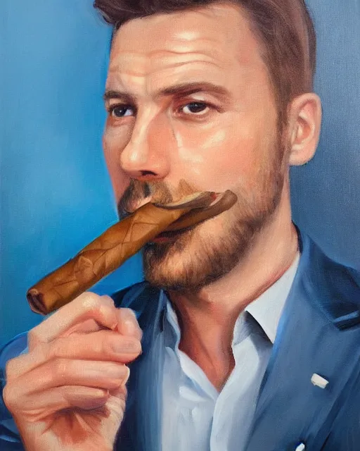 Image similar to Hyper realistic oil portrait of a man in his thirties smoking a cigar, dressed in a blue suit, by Mosh Art, trending on artstation