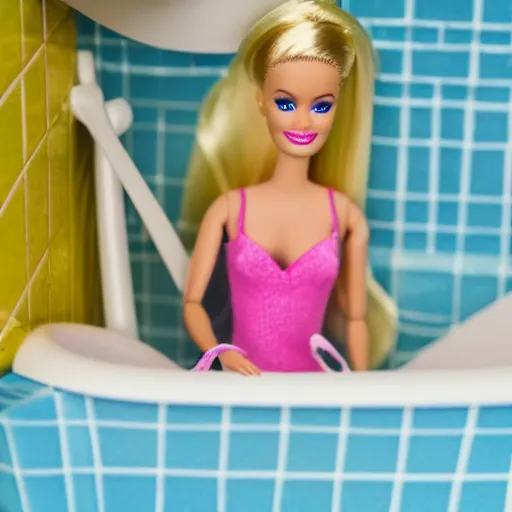 Image similar to barbie doll in the bath, macro shot, stopmotion